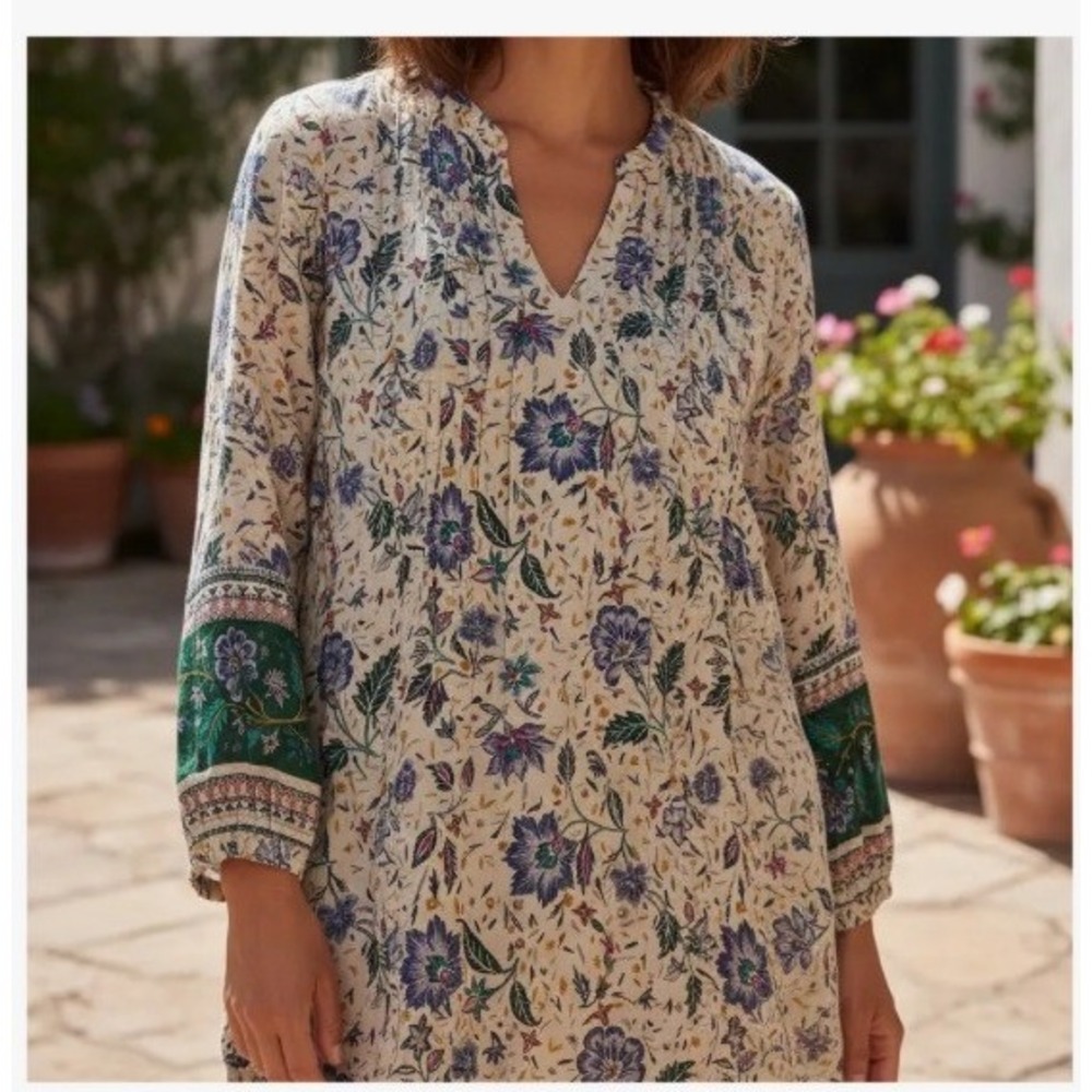 Old Navy Floral Pintuck Tunic Dress XL Split Neck Long Sleeve Boho Cottagecore